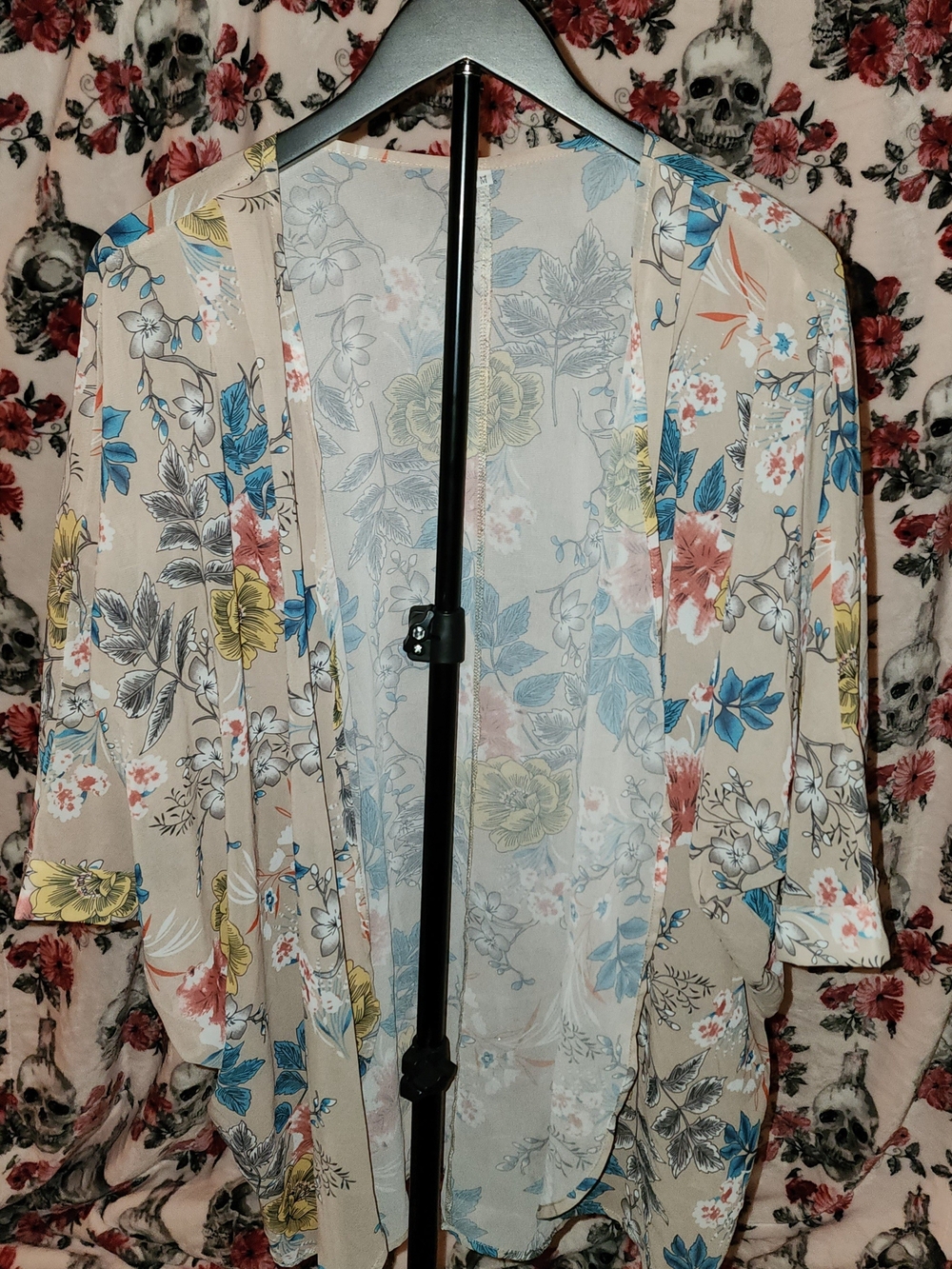 Floral Open-Front Kimono Jacket - Beige/Blue/Pink